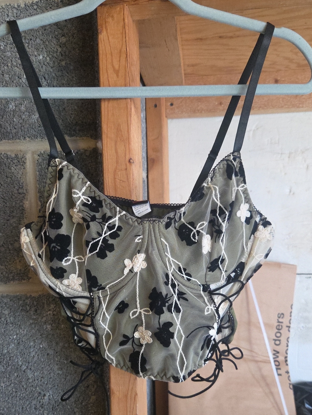 ROMWE Olive Green Bralette with Black & Cream Floral Embroidery